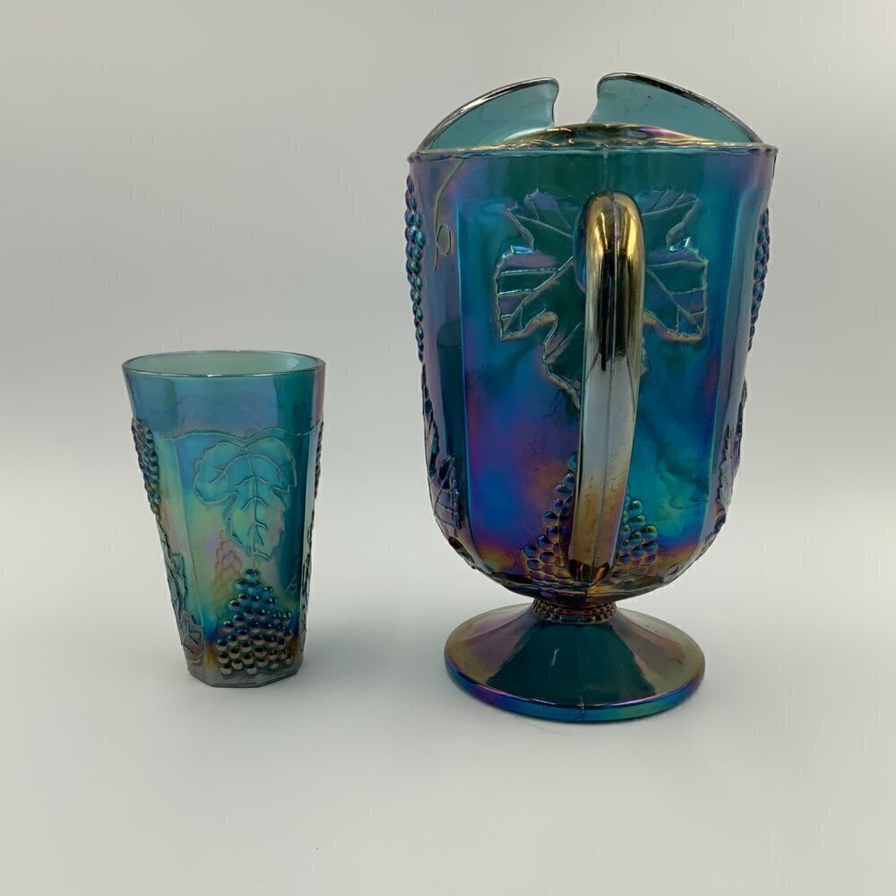 Vintage Blue Indiana Glass Grape Harvest Carnival Pitcher and Drinking Glass - Picture 5 of 8